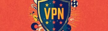 VPN shield illustration with security icons, highlighting NordVPNs privacy and antivirus features.