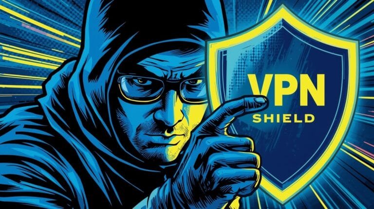 VPN security illustration featuring a hooded figure with a shield representing digital protection.