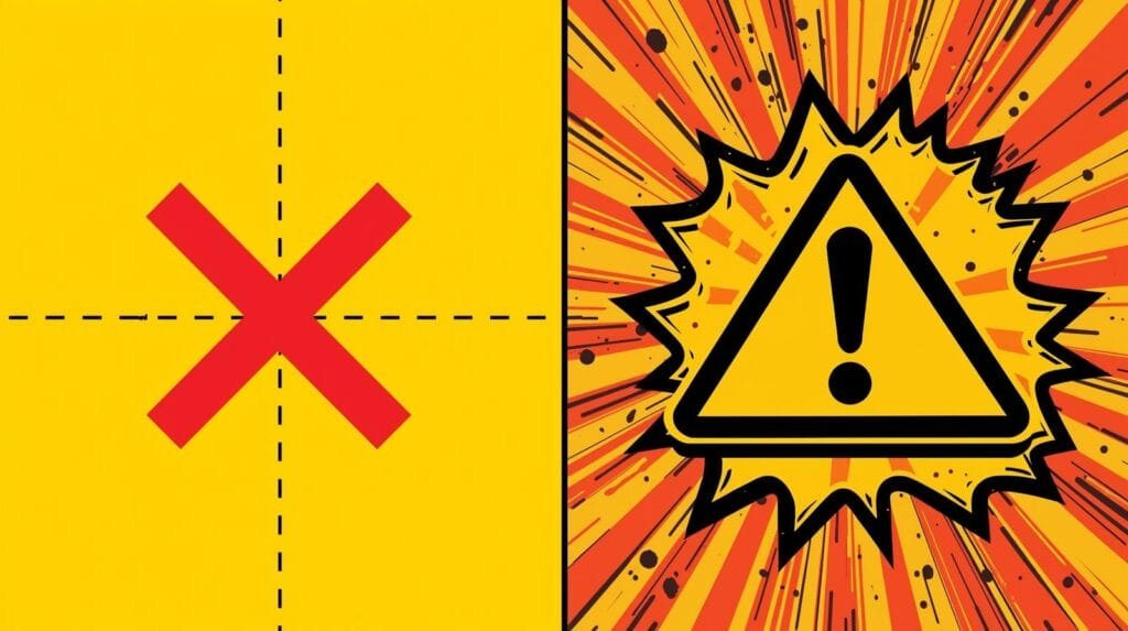 Dual warning signs with red X and alert exclamation mark on vibrant backgrounds.