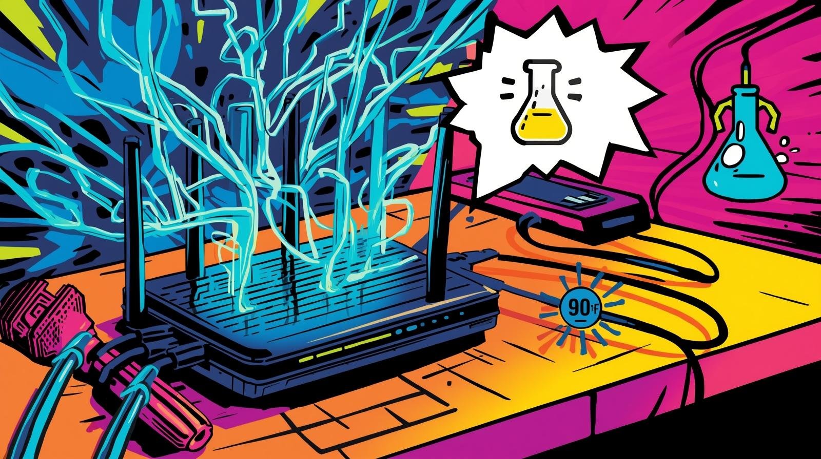 NordVPN OpenWrt lab setup: How I Run It Without Leaks, Drama, or Guesswork 🧪 1 Vibrant Wi-Fi router illustration with energy streams, connectivity symbols, and technological themes.