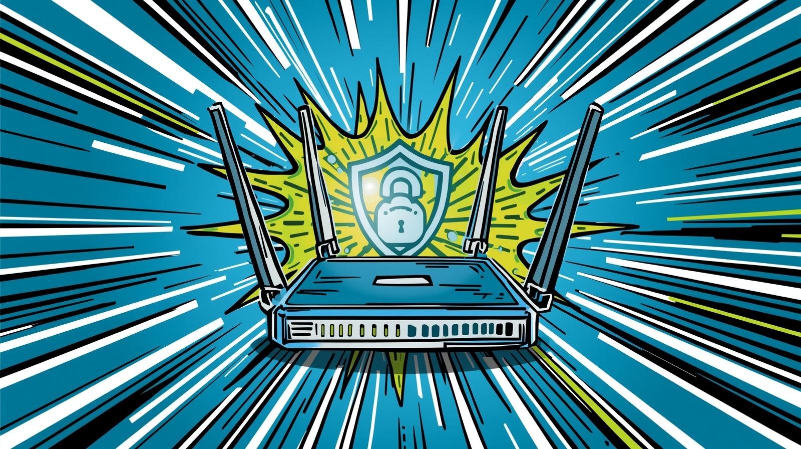 NordVPN Router Setup: 7 Easy Bulletproof Steps for Security 🛡️👻 1 Wireless router with antennas, shield icon for security, blue and green radial lines.