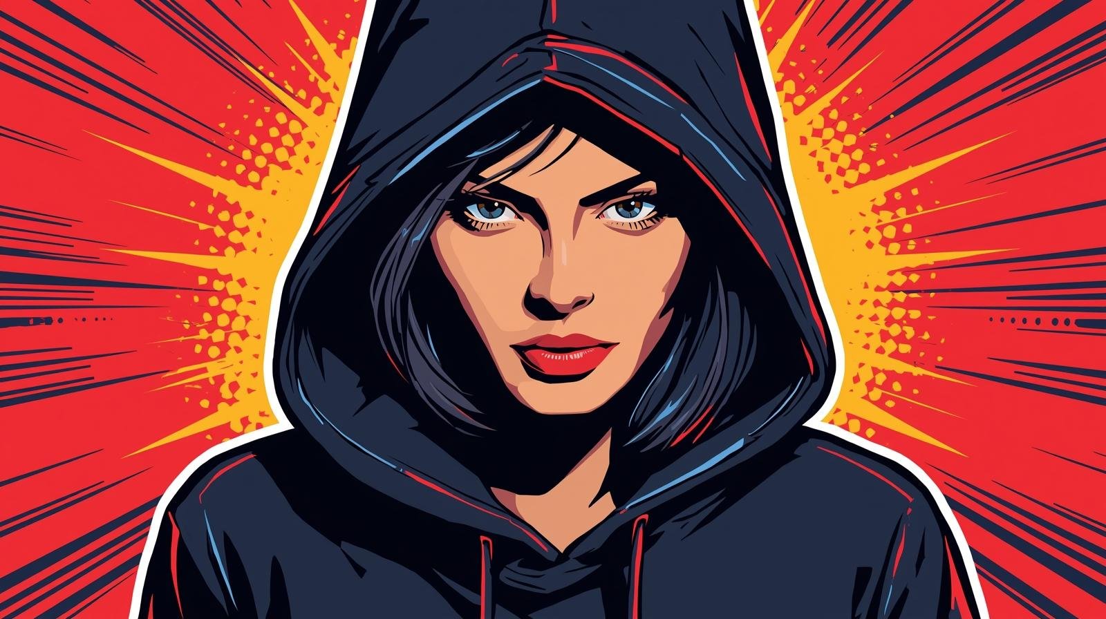 How I Thought My Lab Was Secure — Until I Actually Tested It 🧪 1 Pop art woman in dark hood, bold colors, sharp features, comic style.