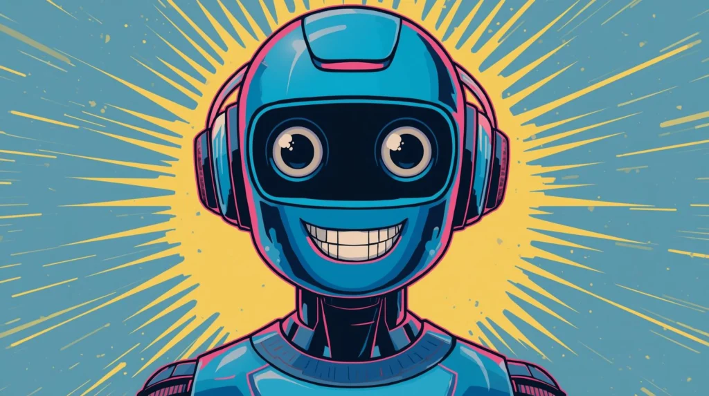 Colorful cartoon robot with headphones.
