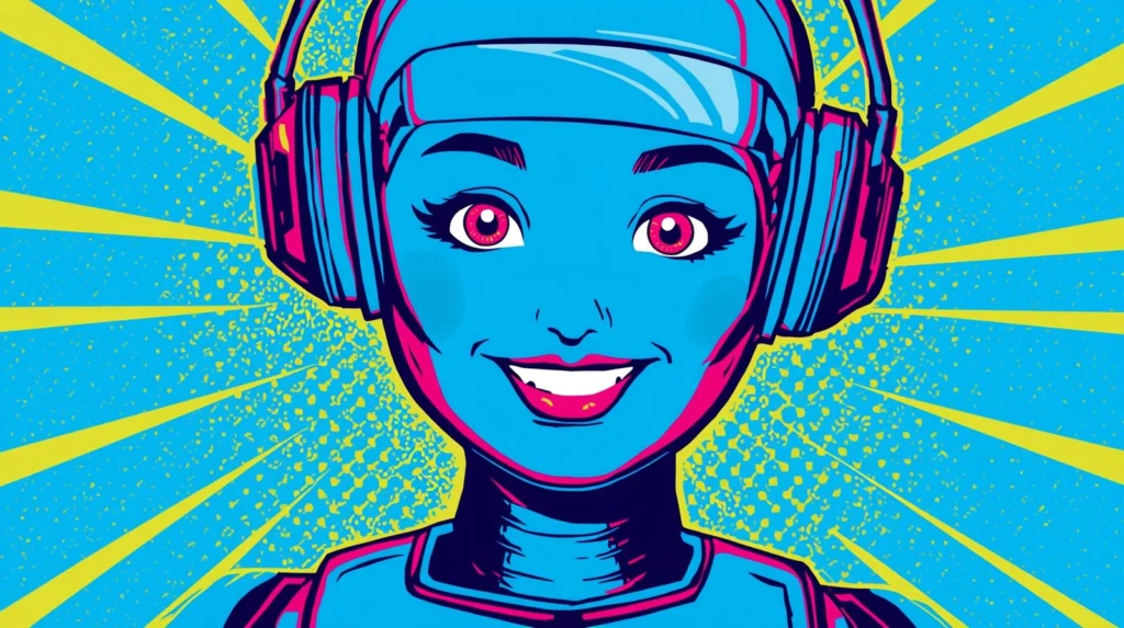 Colorful graphic of a person with headphones.