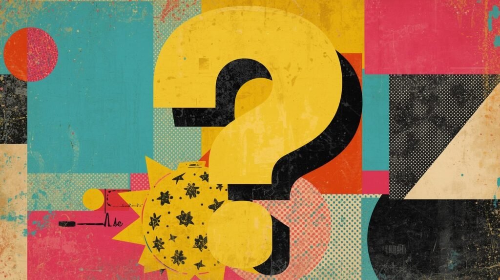 Colorful abstract art featuring a prominent yellow question mark with geometric shapes and textures.