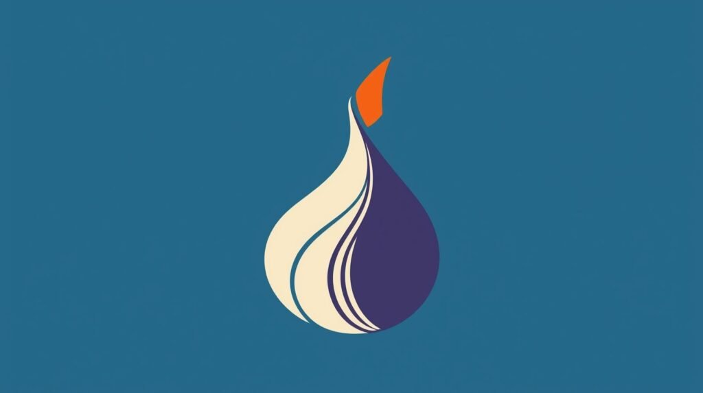 Abstract flame droplet design on blue background with beige, purple, and orange accents.