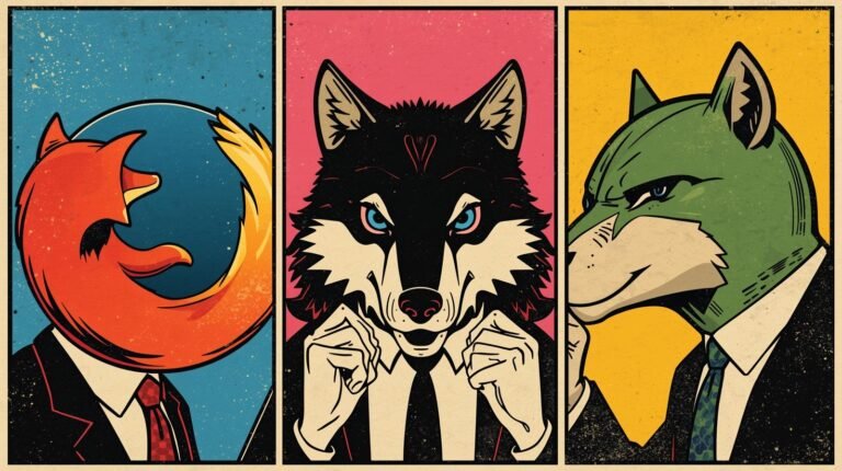 Business-suited animal triptych: fox, wolf, cat in vibrant retro pop art style.