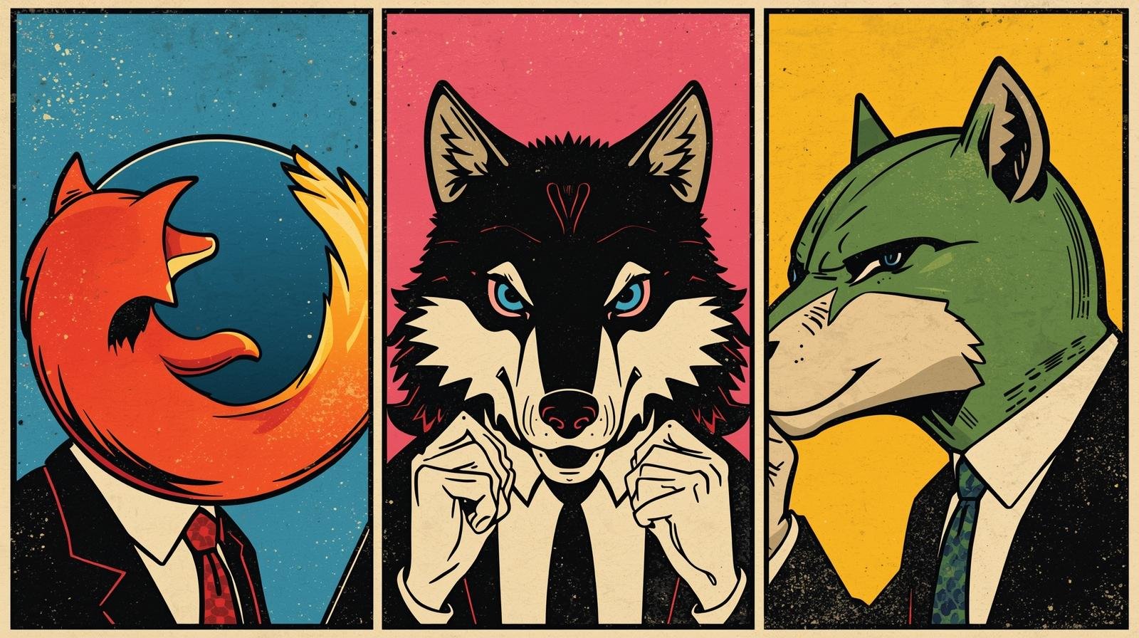 Best Browser for Parrot OS: Firefox, LibreWolf or Mullvad? 💥 1 Business-suited animal triptych: fox, wolf, cat in vibrant retro pop art style.