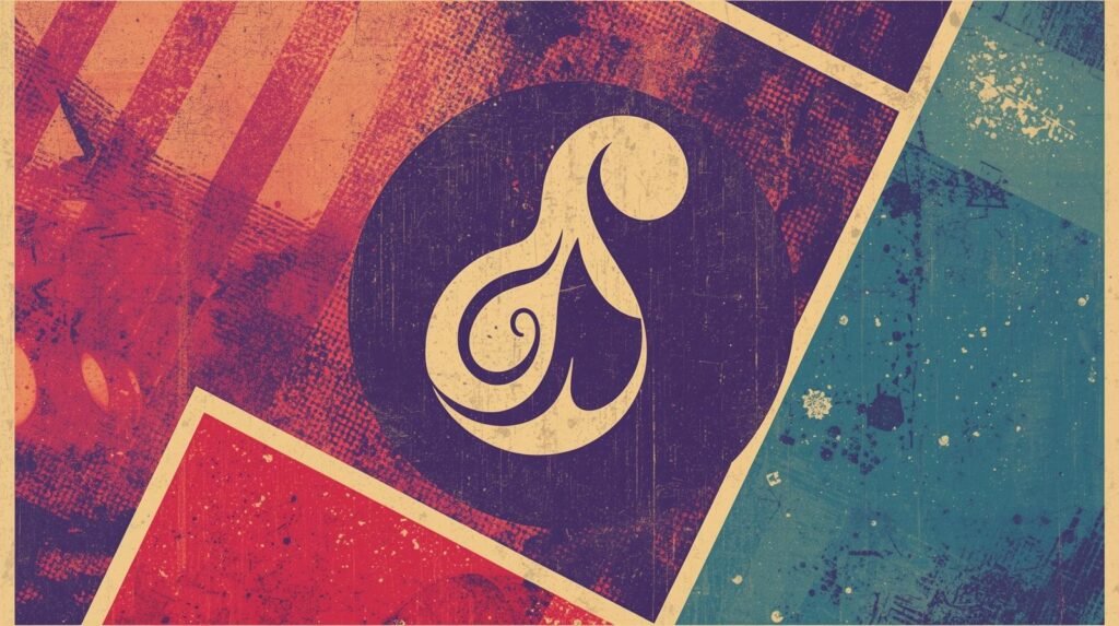 Retro geometric design with a dynamic black and white emblem, layered red and blue textures.