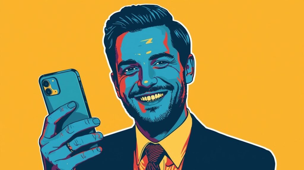 Pop art-style man in suit with smartphone against vibrant blue and orange background.