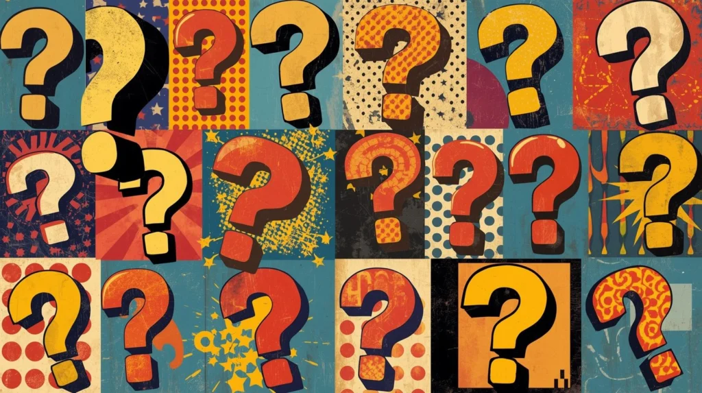 Pop art collage of colorful question marks in unique backgrounds.