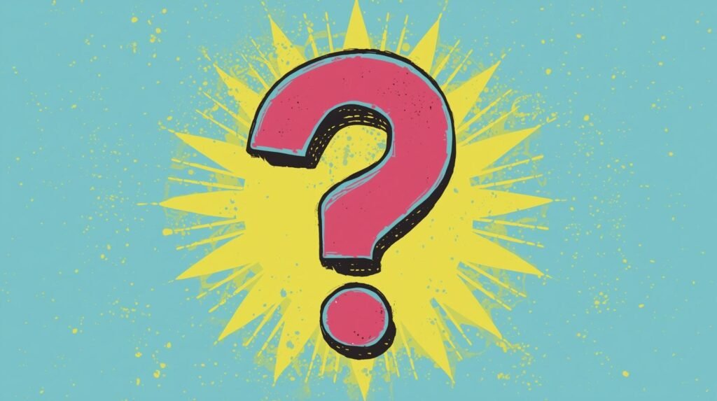 Pop art question mark with a pink and yellow starburst on a blue background.