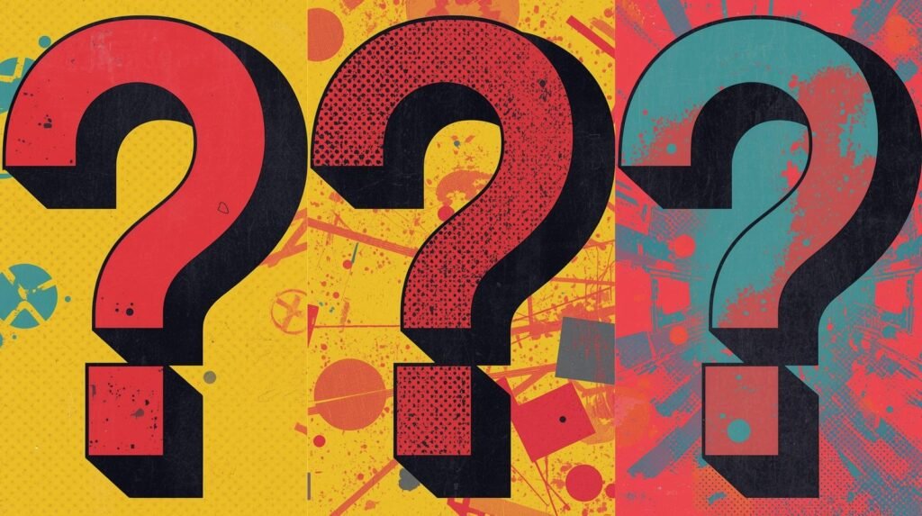 Colorful question marks illustration against a dynamic, vibrant background.
