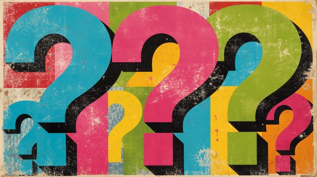 Colorful overlapping question marks on a distressed vintage background.