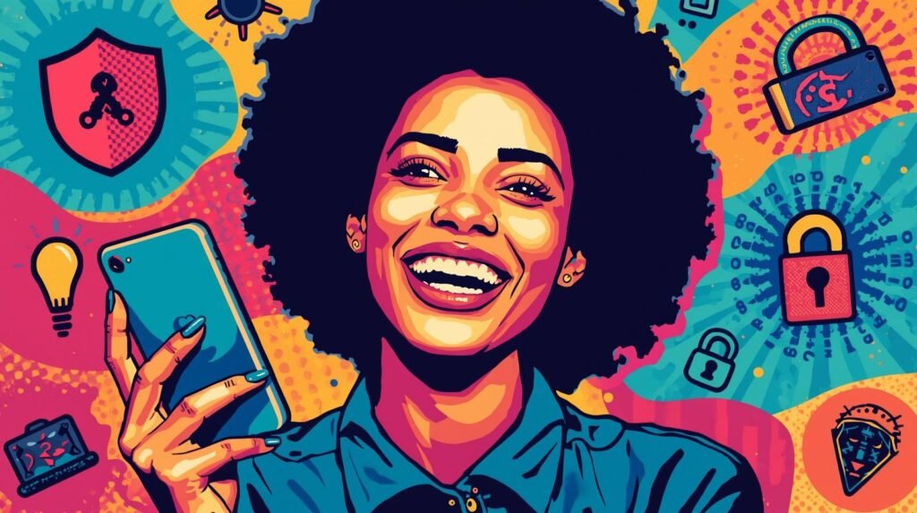 Saily Ultra Review: A Premium eSIM Subscription Explained 🧬 4 Smiling person with afro, smartphone; vibrant illustration of digital empowerment, technology, and security.