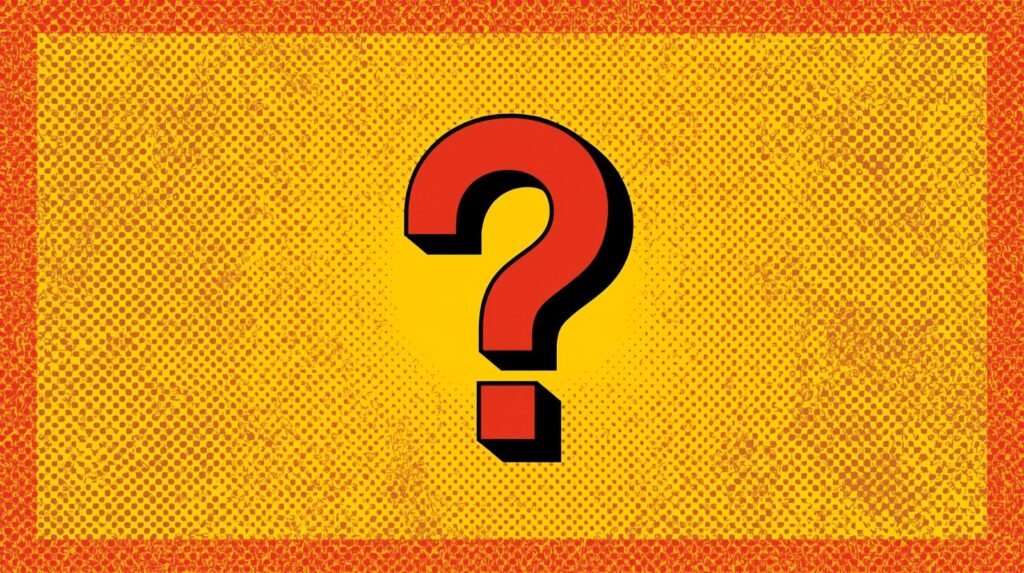 Comic-style question mark on halftone yellow background with red and black patterns.