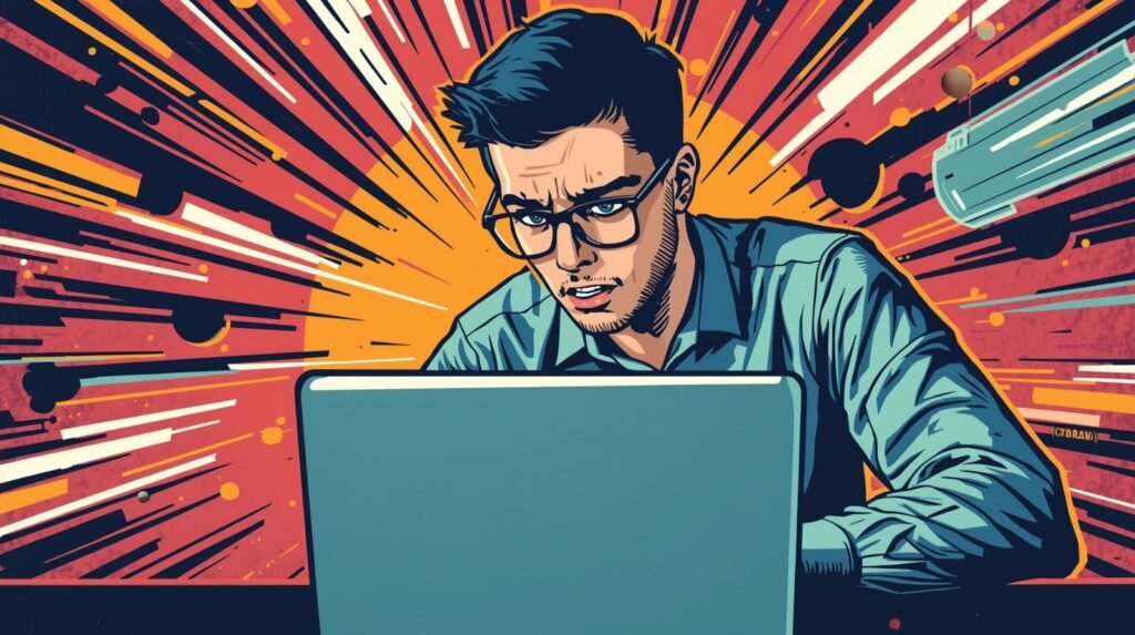 Young man with glasses intensely focused on laptop, surrounded by vibrant comic-style explosion.