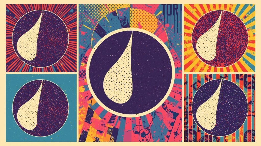 Colorful collage with vibrant droplet patterns, dynamic backgrounds, and contrasting hues.