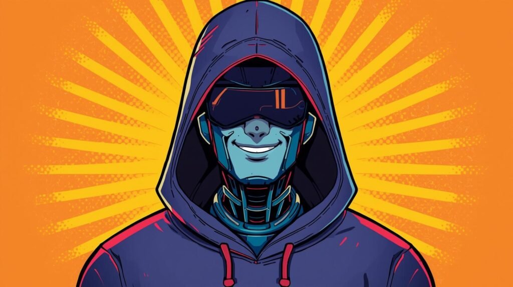 How to Use AI for Ethical Hacking (Without Crossing the Line) 🤖 3 Futuristic cybernetic hero in blue hoodie, visor, orange background, metallic skin.