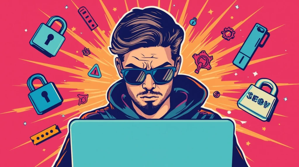 Linux Physical Access Security: Why Login Screens Don’t Matter 🧲 5 Cybersecurity expert in hoodie and sunglasses focused on laptop amidst digital symbols.