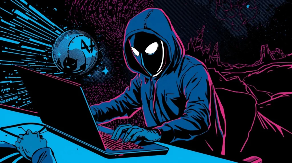 Mystery figure with laptop in cyberpunk setting, glowing eyes, binary codes, digital orb.