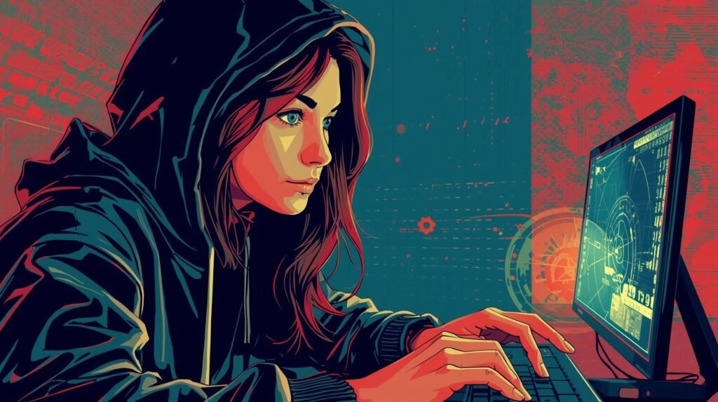 Focused woman in hoodie at computer, immersed in digital tech, coding, cybersecurity.