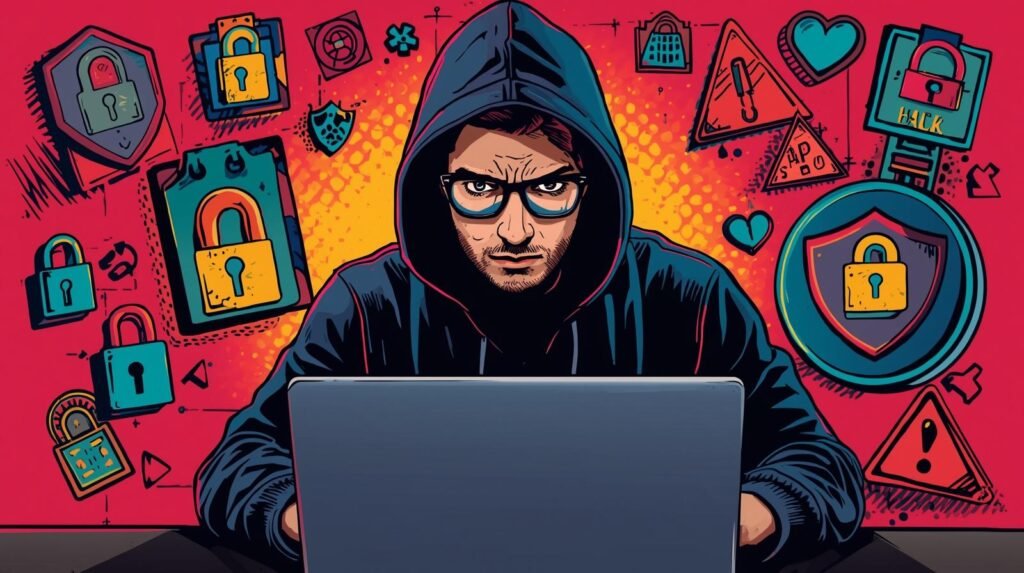 Cartoon hacker with laptop, cybersecurity symbols, and encryption imagery in vibrant colors.