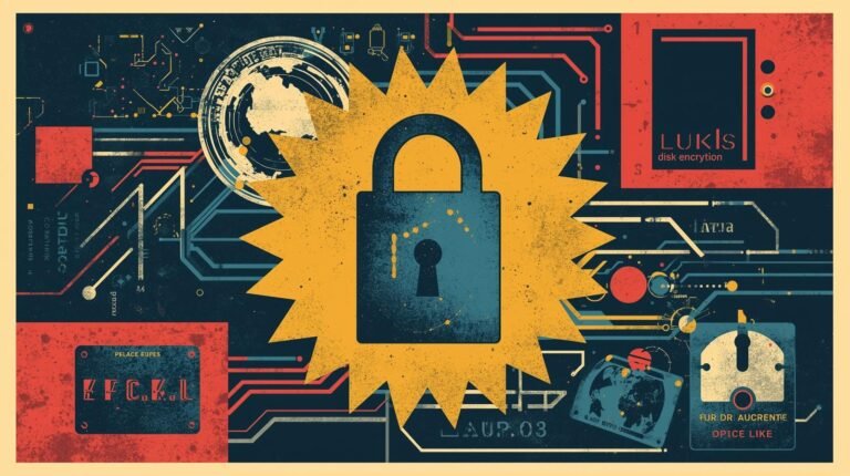 How to Encrypt a Linux Laptop with LUKS (Without Breaking Your System) 🧲 4 Digital security art featuring a distressed padlock, digital circuits, and encryption elements.