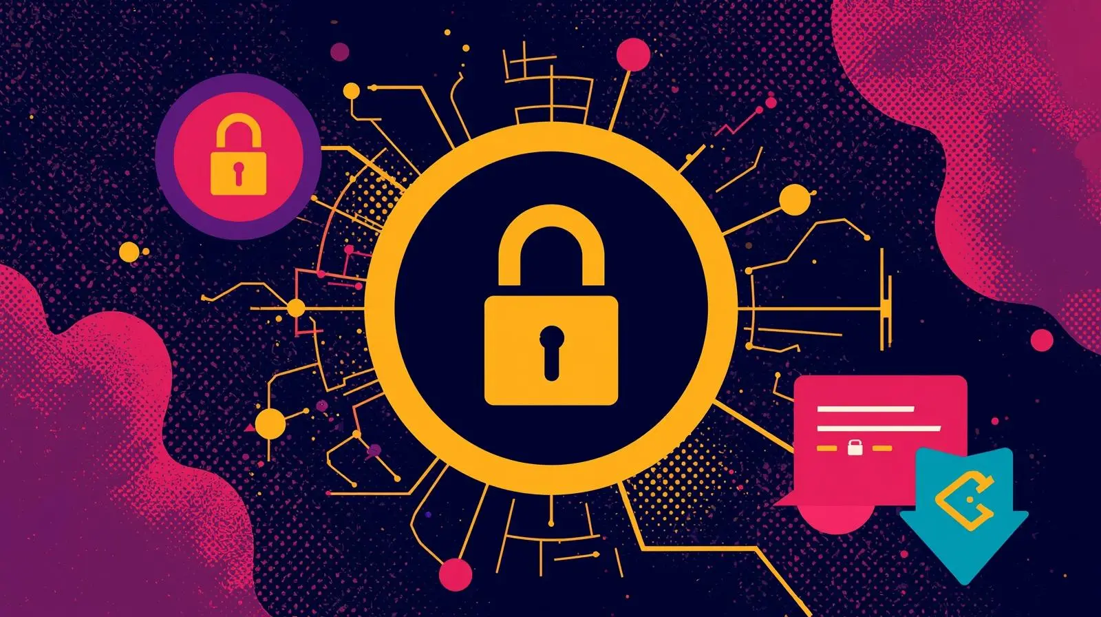 Cybersecurity concept graphic with padlocks, digital network lines, and secure data elements.