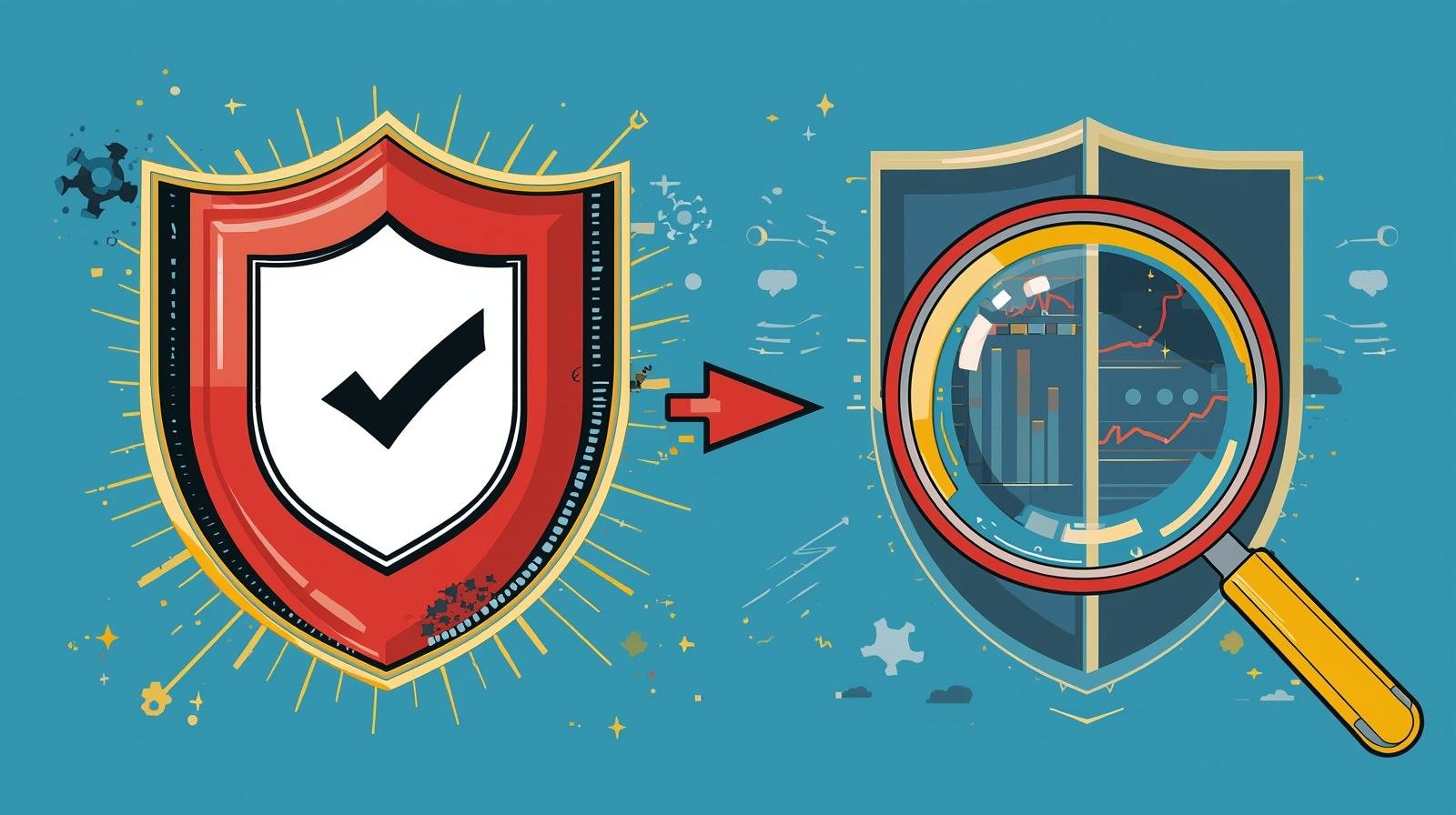 Cybersecurity shield with data analysis elements: protection to scrutiny transition.