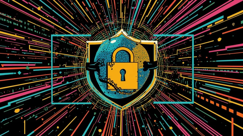 Cybersecurity shield and padlock with colorful digital lines on a black background.
