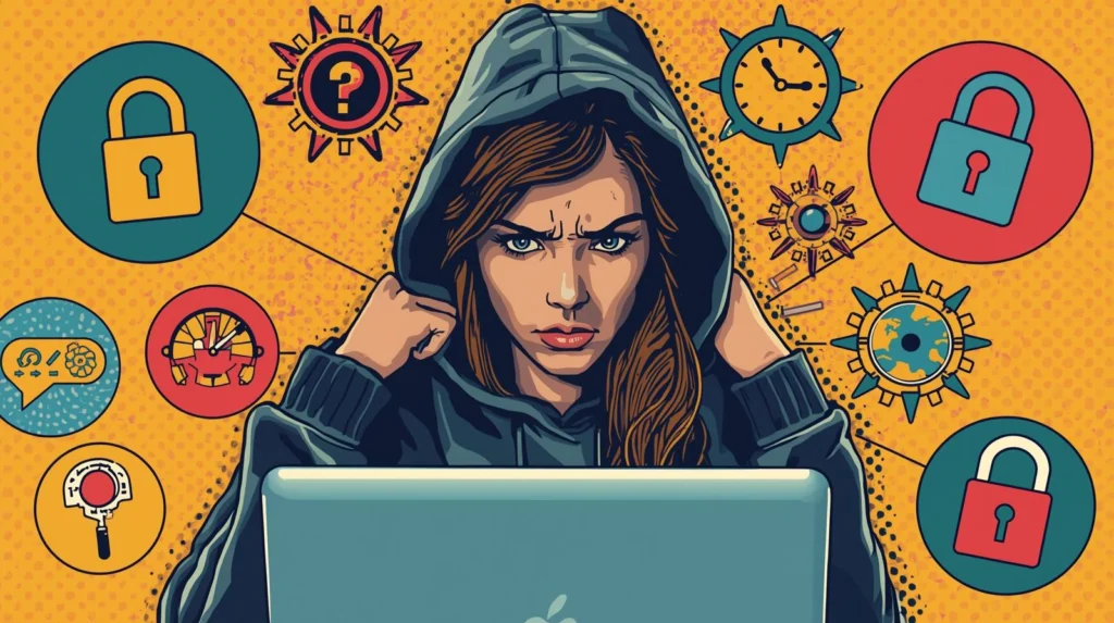 Linux Physical Access Security: Why Login Screens Don’t Matter 🧲 3 Person in hoodie engaged with laptop, surrounded by cybersecurity symbols and vibrant comic-style design.