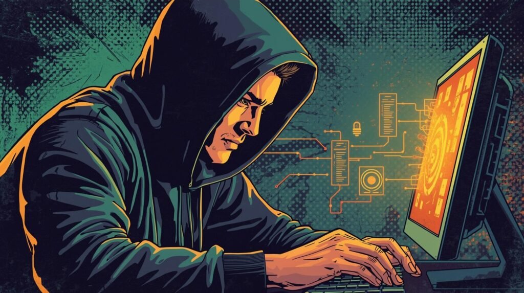 Mystery hacker coding at computer, digital cybersecurity art with network graphics.