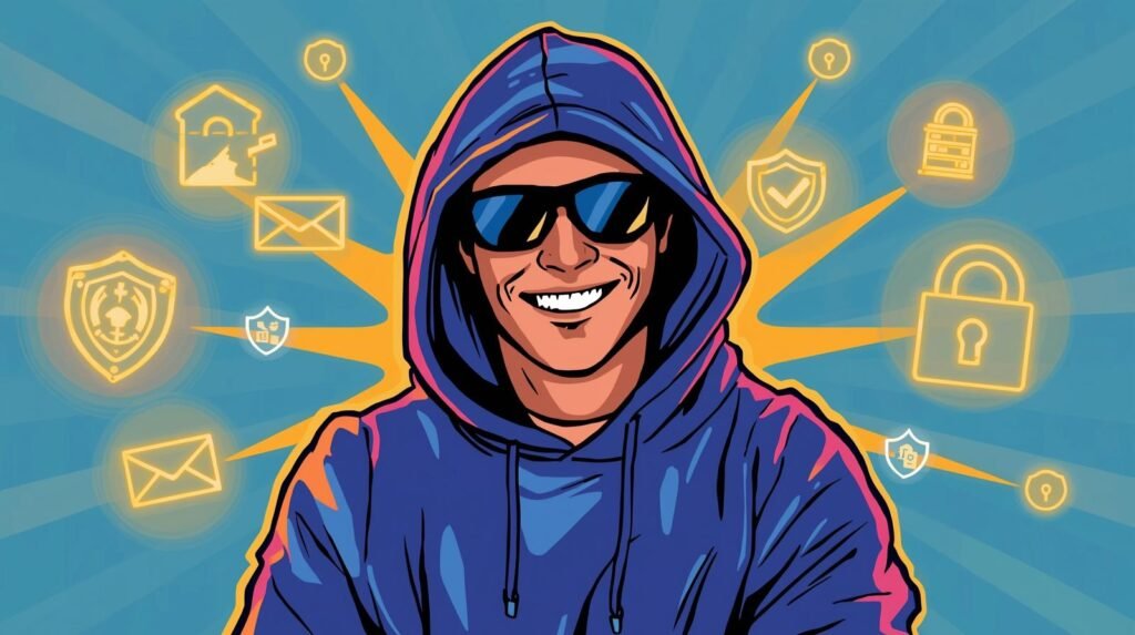 ProtonMail Security for Beginners: What It Protects — and What It Doesn’t 🛡️ 4 Cybersecurity illustration: mysterious figure in hoodie with digital icons, symbolizing online security themes.