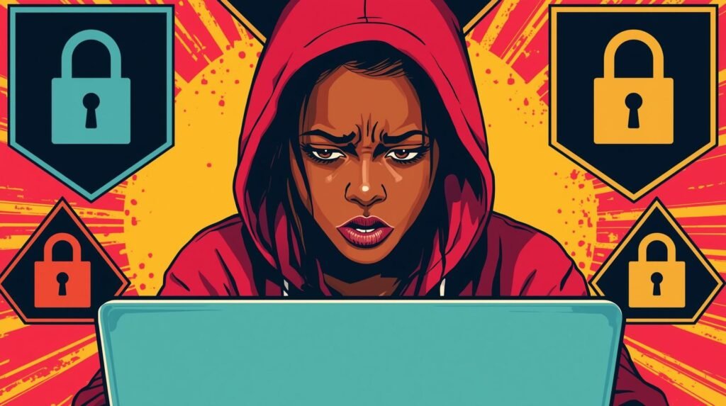 Cybersecurity theme: focused individual in red hoodie with laptop, surrounded by security symbols.