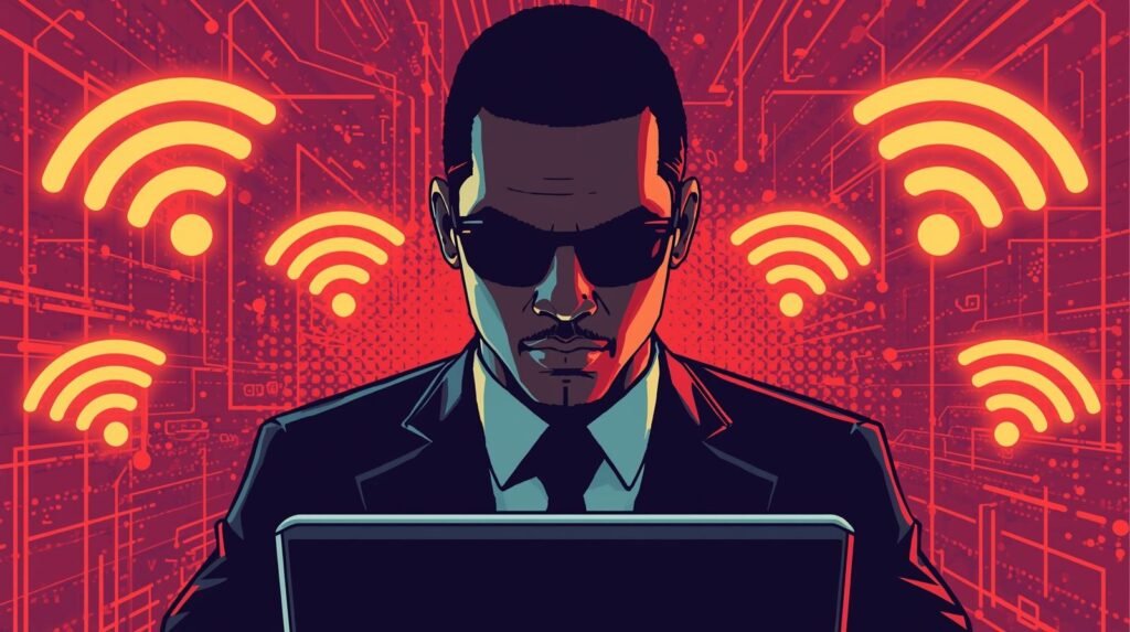WiFi Monitor Mode Explained: Sniffing Networks the Ethical Way 🧠 4 Cybersecurity professional with laptop against red background, digital networks, and Wi-Fi symbols.