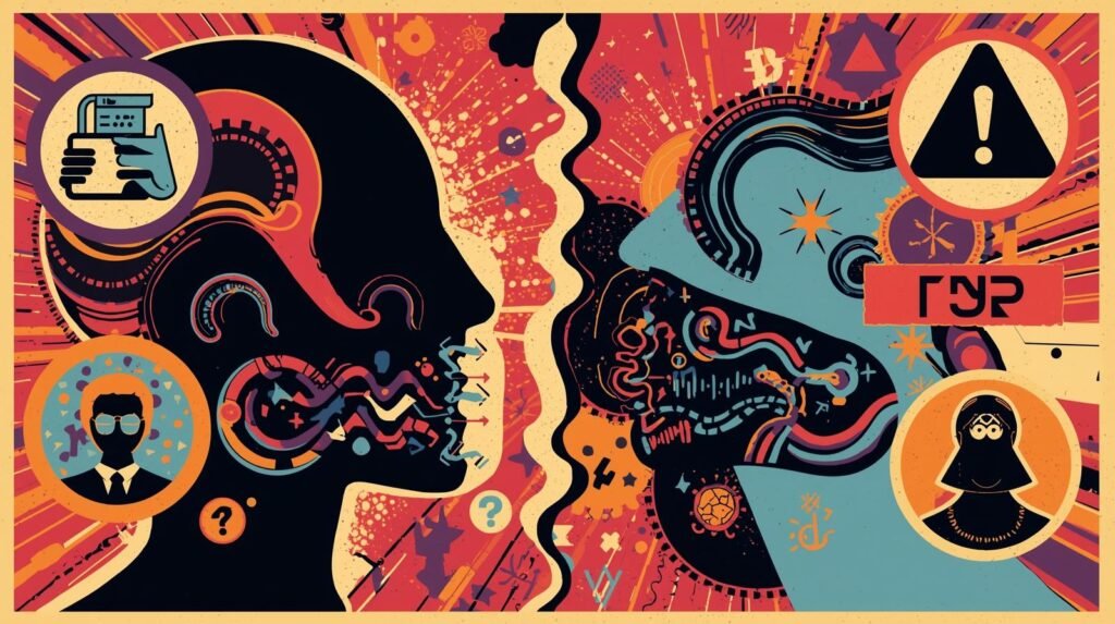 Deepfake Vishing Scams: How AI Voice Cloning Breaks Trust 🎭 3 Abstract vibrant silhouettes exchanging dialogue through symbols, depicting media, communication, and cultural themes.