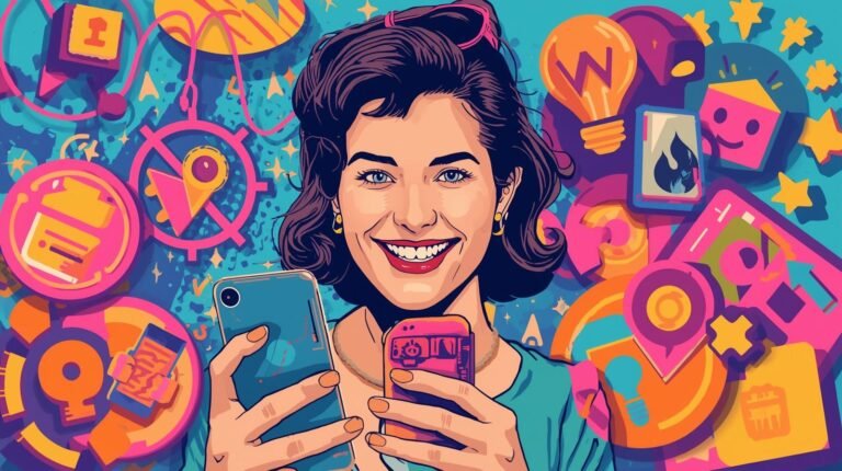 Saily Ultra Review: A Premium eSIM Subscription Explained 🧬 8 Smiling woman holding smartphones amid vibrant digital and technological icons.