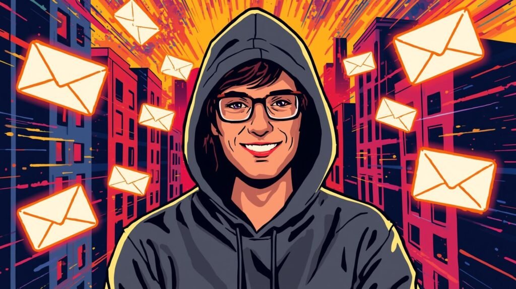 ProtonMail Security for Beginners: What It Protects — and What It Doesn’t 🛡️ 6 Smiling person in hoodie amidst digital envelopes, vibrant urban backdrop, suggesting modern communication.