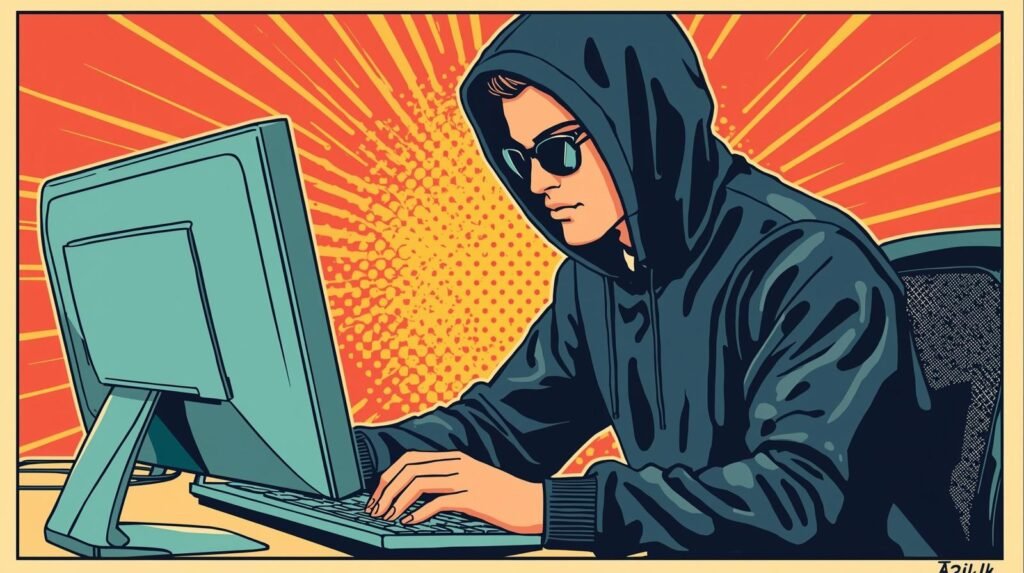 How to Install and Use Tails OS for Safe Dark Web Access 🧩 4 Pop art-style hacker at computer with vibrant background, conveying anonymity and digital intrigue.