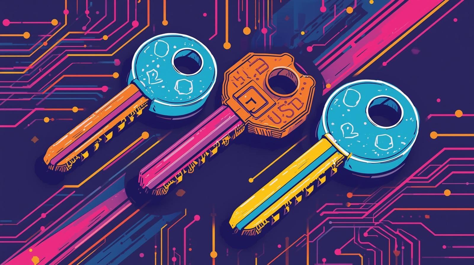 Stylized vibrant digital artwork of colorful keys on a circuit board background.