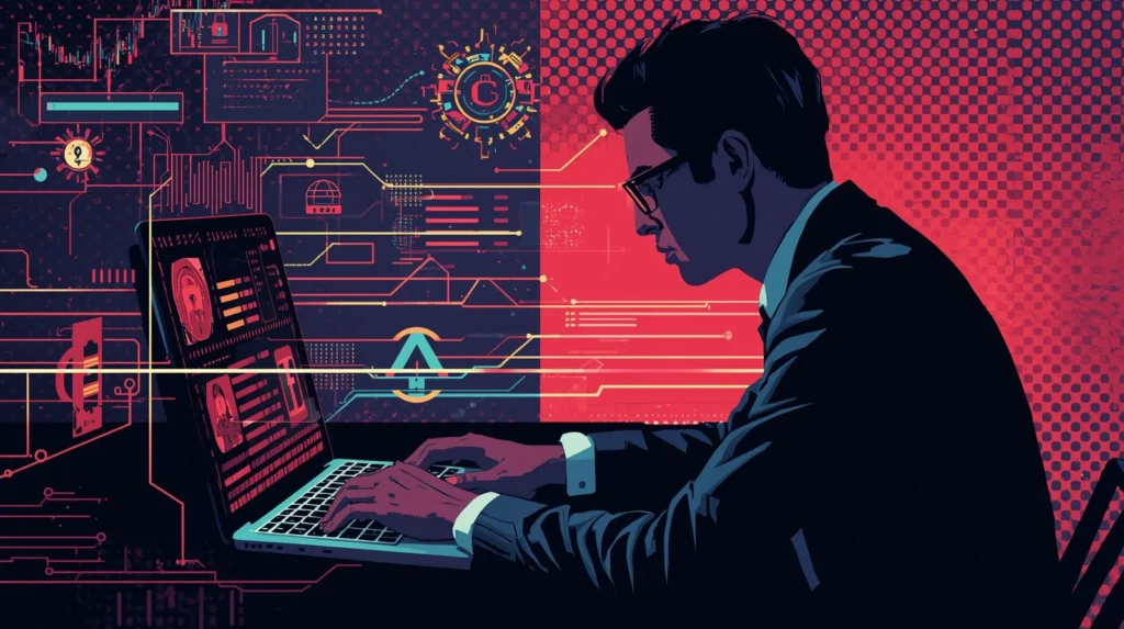 Focused individual engaging with cybersecurity and data analysis in a high-tech digital environment.