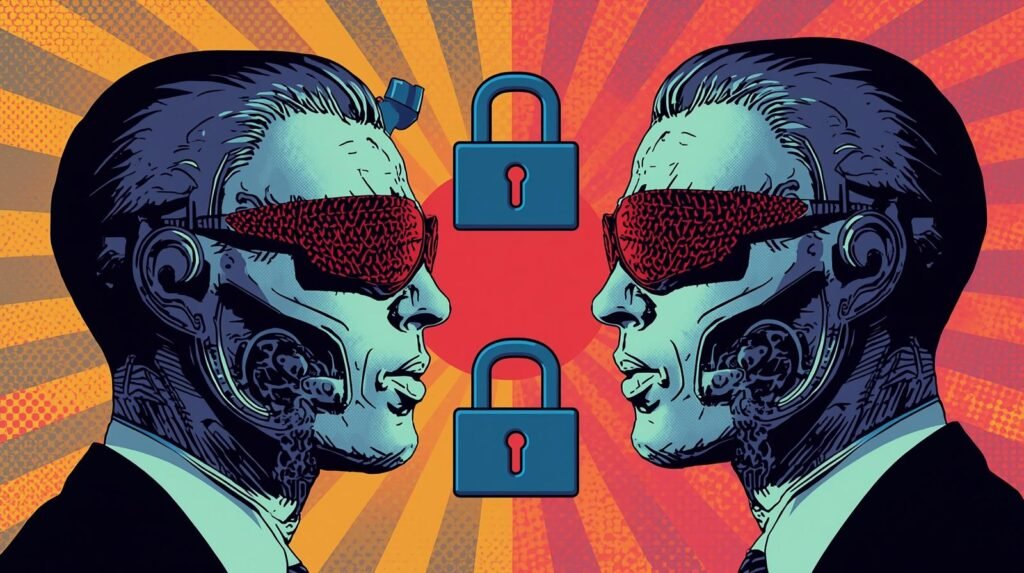 Deepfake Vishing Scams: How AI Voice Cloning Breaks Trust 🎭 5 Cyborg figures with red visors and padlocks, symbolizing technology, security, and dystopian themes.