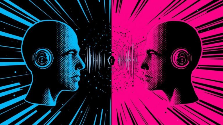 Deepfake Vishing Scams: How AI Voice Cloning Breaks Trust 🎭 2 Two vibrant pop-art profiles with locked and unlocked symbols, connected by dynamic sound waves.