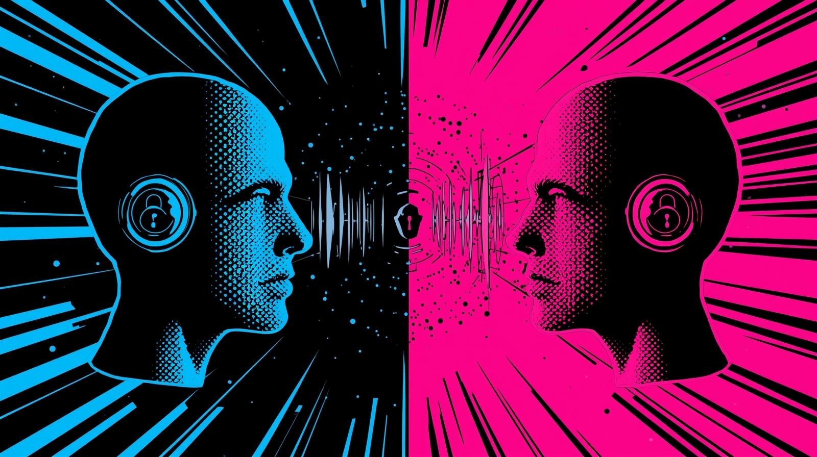 Deepfake Vishing Scams: How AI Voice Cloning Breaks Trust 🎭 1 Two vibrant pop-art profiles with locked and unlocked symbols, connected by dynamic sound waves.