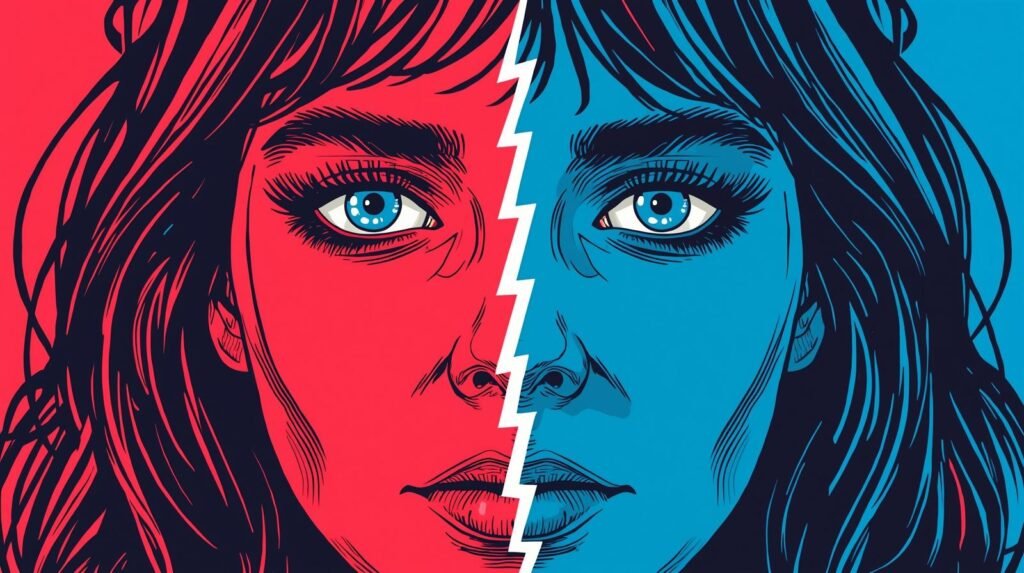 Split portrait of a woman with contrasting red and blue halves, symbolizing duality and identity.