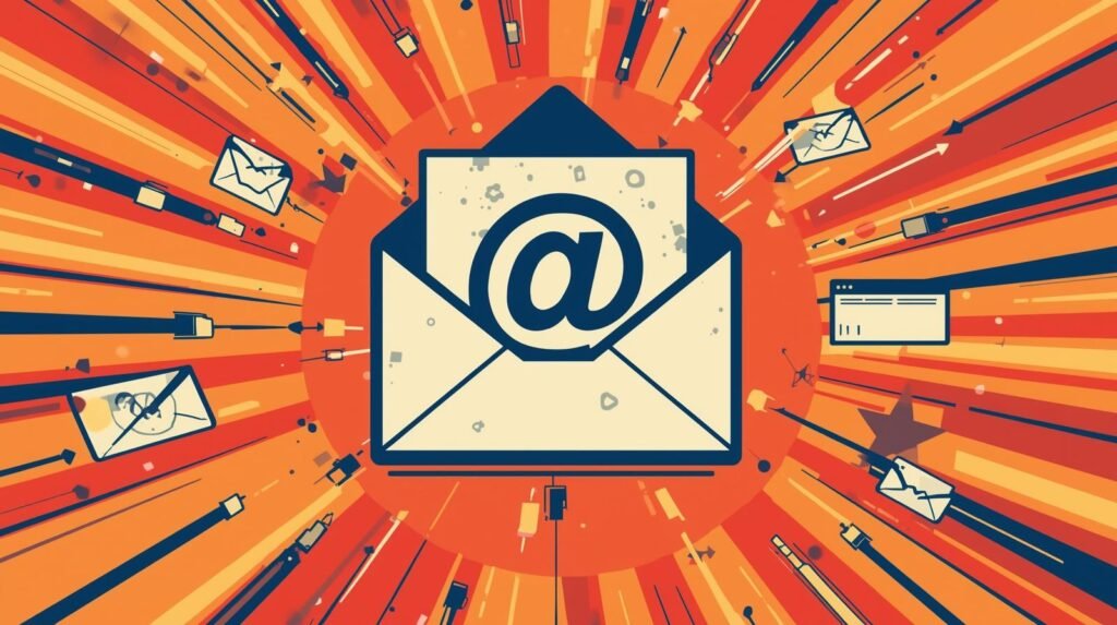 Email as the Backbone of Your Digital Identity 🧿 3 Dynamic image of email communication: envelope icon, digital signals, browser windows, mobile devices.