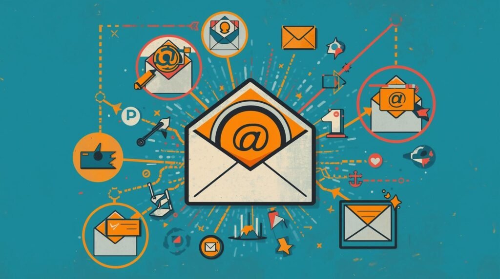 Email as the Backbone of Your Digital Identity 🧿 4 Colorful illustration of digital email communication, featuring envelopes and symbols on a textured teal background.