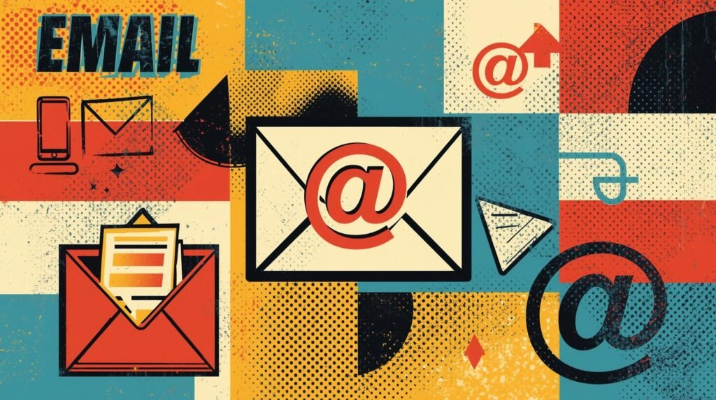 Email as the Backbone of Your Digital Identity 🧿 5 Retro-themed email communication illustration with vibrant colors, envelope icon, smartphone, and digital symbols.