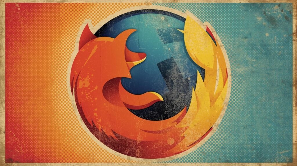 Best Browser for Parrot OS: Firefox, LibreWolf or Mullvad? 💥 3 Stylized retro Firefox logo: swirling orange fox and blue globe with vintage texture.